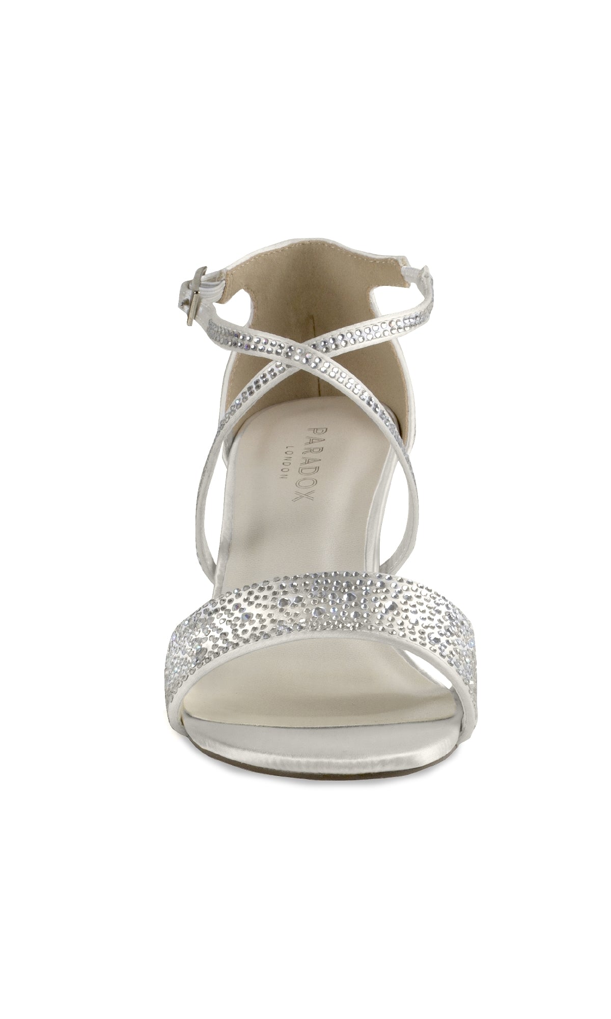 Front view of the Ines Ivory Satin Prom Shoes by Paradox London (P2224), featuring open toes, crisscross ankle straps, and rhinestone-embellished toe straps—an elegant, low-heel choice for prom.